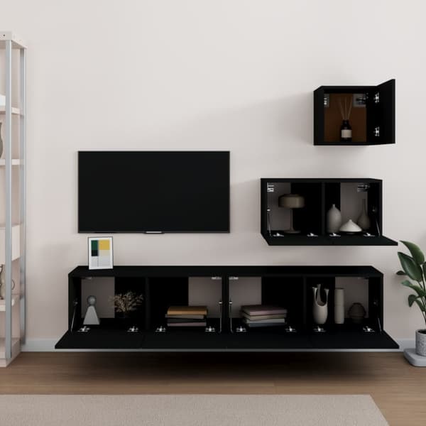 The Living Store tv-skabssæt 4 dele konstrueret træ sort -  TV-møbler