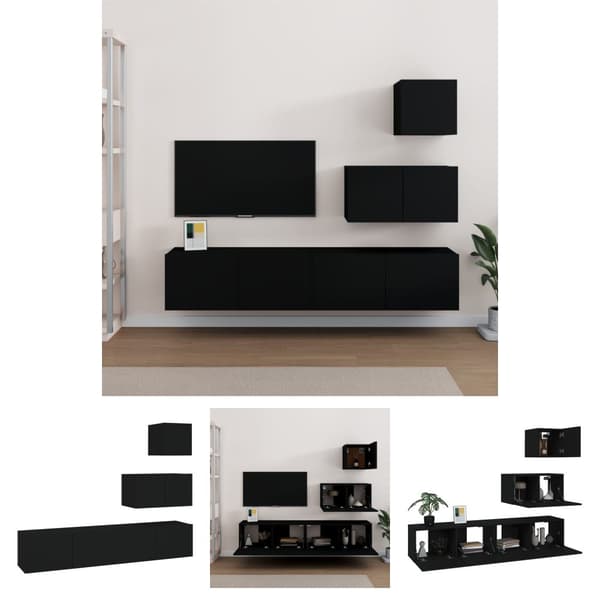 The Living Store tv-skabssæt 4 dele konstrueret træ sort - TV-møbler