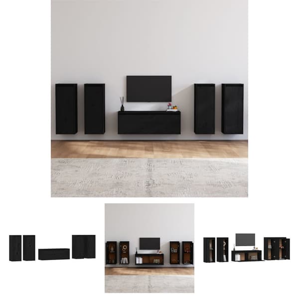 The Living Store tv-skabe 5 dele massivt fyrretræ sort - TV-møbler