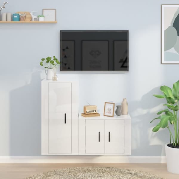 The Living Store Tv-skåp 2 delar högglans vit konstruerat trä -  TV-bänkar