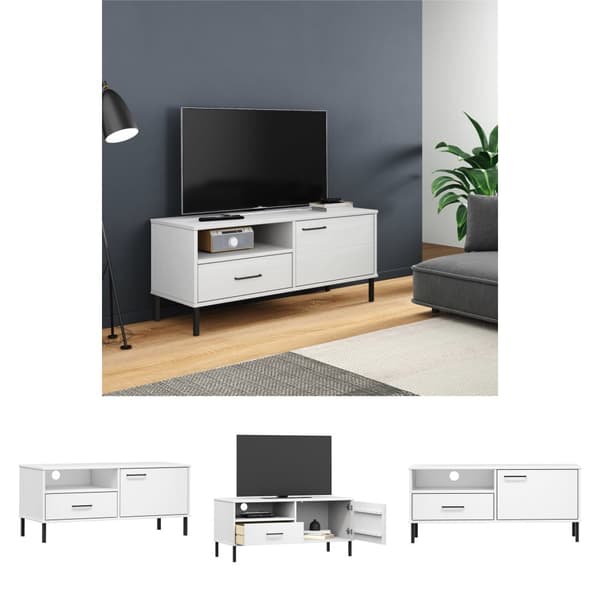 The Living Store tv-bord med metalben OSLO massivt fyrretræ hvid -  TV-møbler
