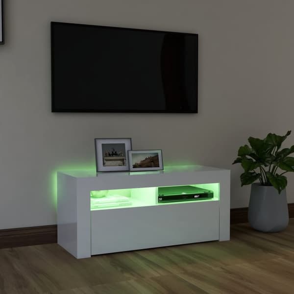 The Living Store TV-bänk med LED-belysning vit högglans 90x35x40 cm - TV-bänkar
