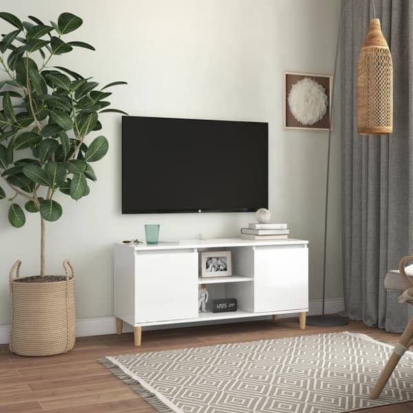 The Living Store TV-taso täyspuiset jalat korkeakiilto valkoinen 103,5x35x50 cm -  TV-tasot