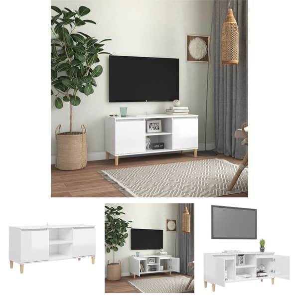 The Living Store TV-taso täyspuiset jalat korkeakiilto valkoinen 103,5x35x50 cm - TV-tasot