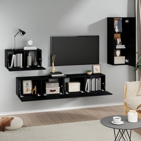 The Living Store tv-skabssæt 4 dele konstrueret træ sort -  TV-møbler