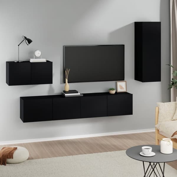 The Living Store tv-skabssæt 4 dele konstrueret træ sort -  TV-møbler