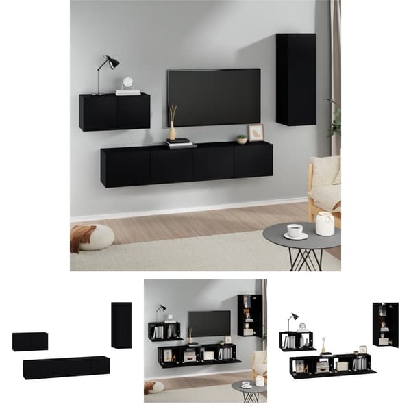 The Living Store tv-skabssæt 4 dele konstrueret træ sort -  TV-møbler