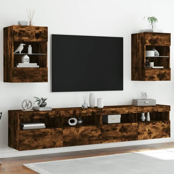 The Living Store Väggmonterade tv-bänkar LED 2 st rökfärgad ek 40x30x60,5 cm -  TV-bänkar