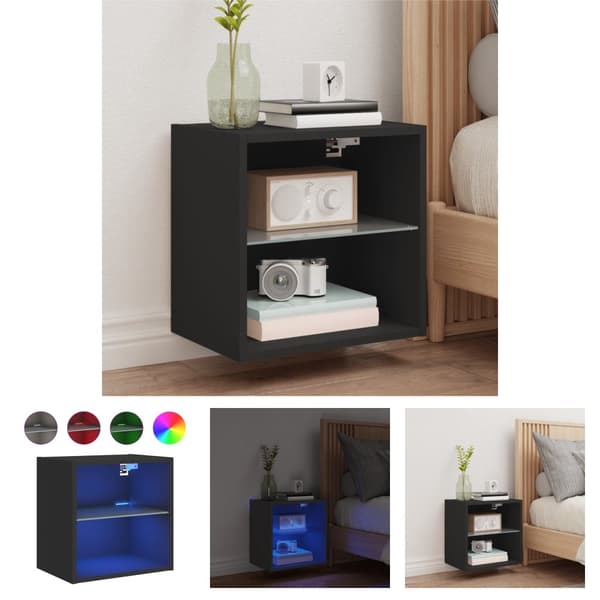 The Living Store Väggmonterade sängbord med LED-lampor 2 st svart - TV-bänkar