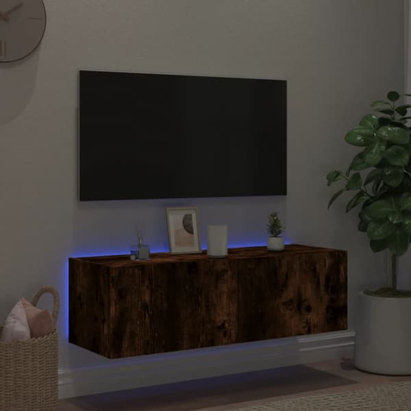 The Living Store Väggmonterad tv-bänk LED rökfärgad ek 100x35x31 cm - TV-bänkar