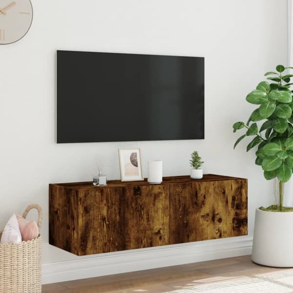 The Living Store Väggmonterad tv-bänk LED rökfärgad ek 100x35x31 cm - TV-bänkar