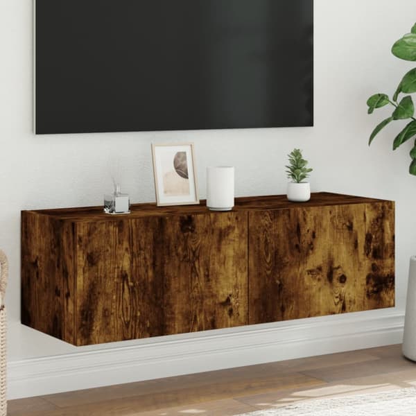 The Living Store Väggmonterad tv-bänk LED rökfärgad ek 100x35x31 cm - TV-bänkar