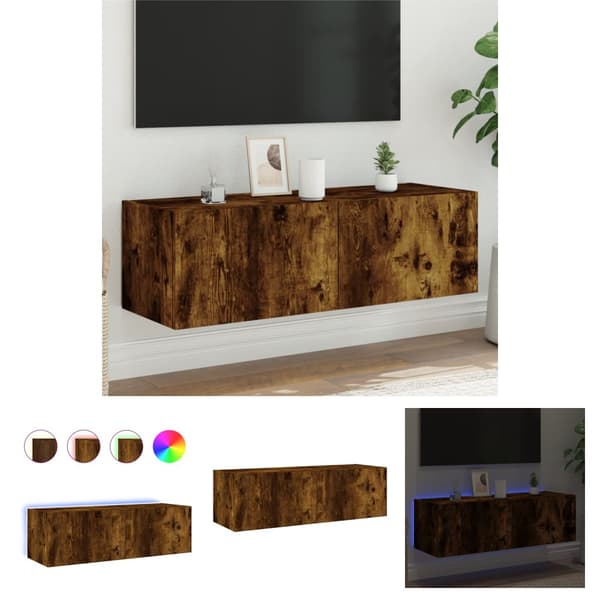 The Living Store Väggmonterad tv-bänk LED rökfärgad ek 100x35x31 cm - TV-bänkar