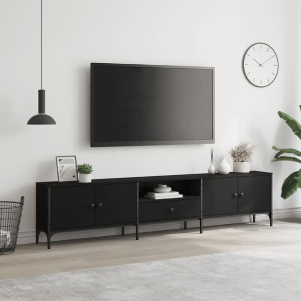 The Living Store tv-bord med skuffe 200x25x44 cm konstrueret træ sort -  TV-møbler