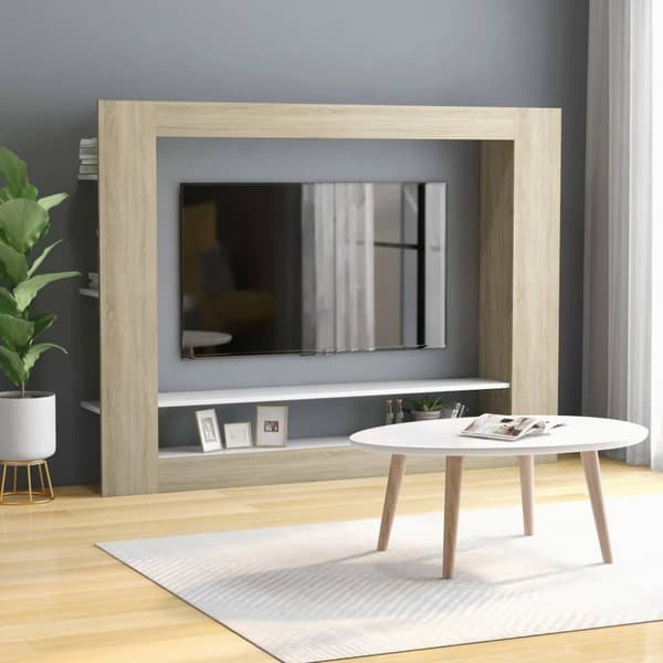 The Living Store Tv-bänk vit och sonoma-ek 152x22x113 cm konstruerat trä -  TV-bänkar