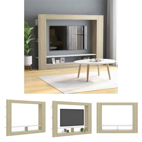 The Living Store Tv-bänk vit och sonoma-ek 152x22x113 cm konstruerat trä -  TV-bänkar
