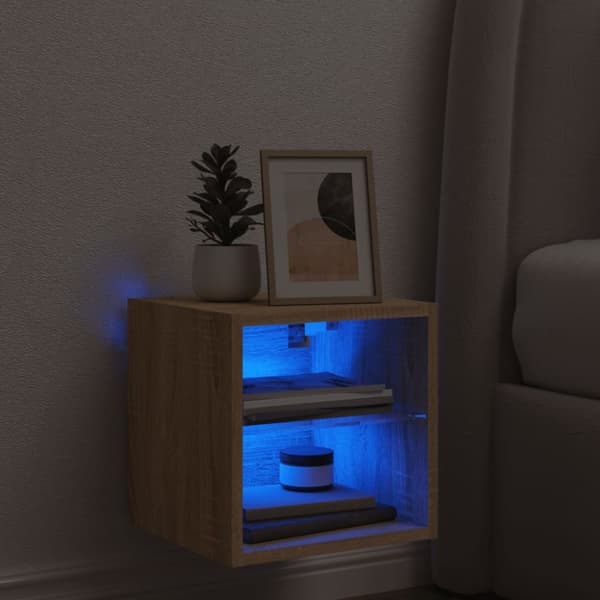 The Living Store væghængt tv-bord med LED-lys 30x28,5x30 cm sonoma-eg -  TV-møbler