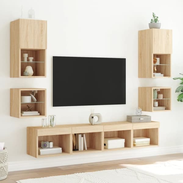 The Living Store væghængt tv-bord med LED-lys 30x28,5x30 cm sonoma-eg -  TV-møbler