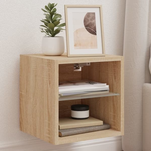 The Living Store væghængt tv-bord med LED-lys 30x28,5x30 cm sonoma-eg -  TV-møbler