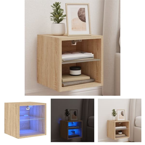 The Living Store væghængt tv-bord med LED-lys 30x28,5x30 cm sonoma-eg -  TV-møbler