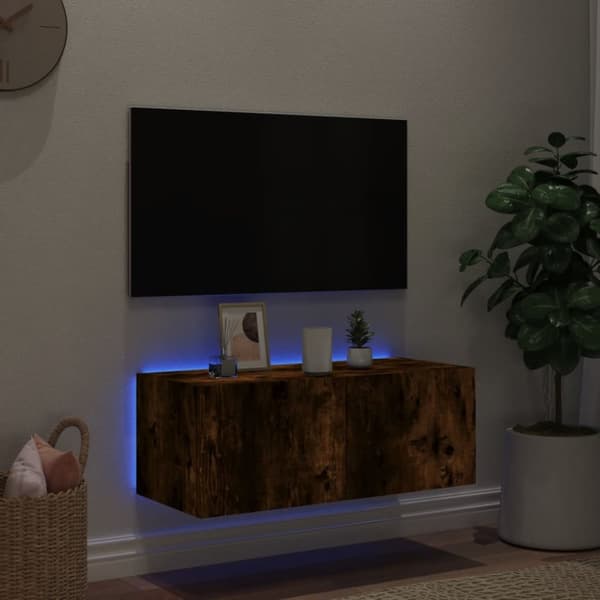 The Living Store væghængt tv-bord med LED-lys 80x35x31 cm røget egetræsfarve -  TV-møbler