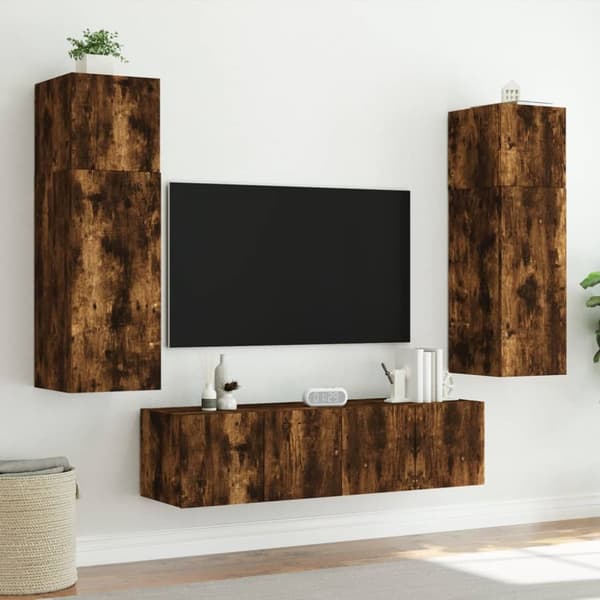 The Living Store væghængt tv-bord med LED-lys 80x35x31 cm røget egetræsfarve -  TV-møbler