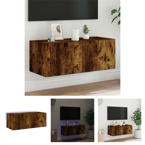 The Living Store TV-seinäkaappi LED-valoilla savutammi 80x35x31 cm -  TV-tasot