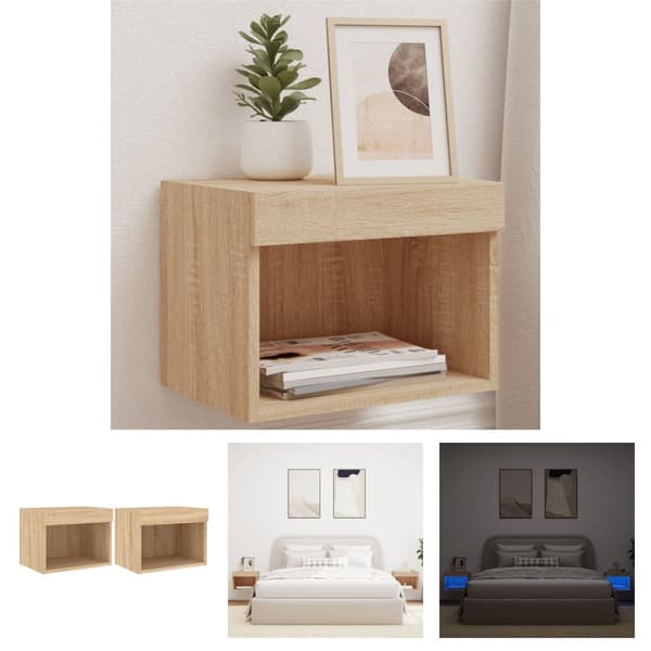 The Living Store Väggmonterade sängbord med LED-lampor 2 st sonoma-ek -  TV-bänkar