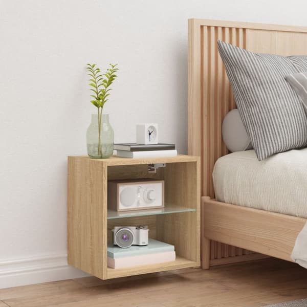 The Living Store Väggmonterade sängbord med LED-lampor 2 st sonoma-ek - TV-bänkar