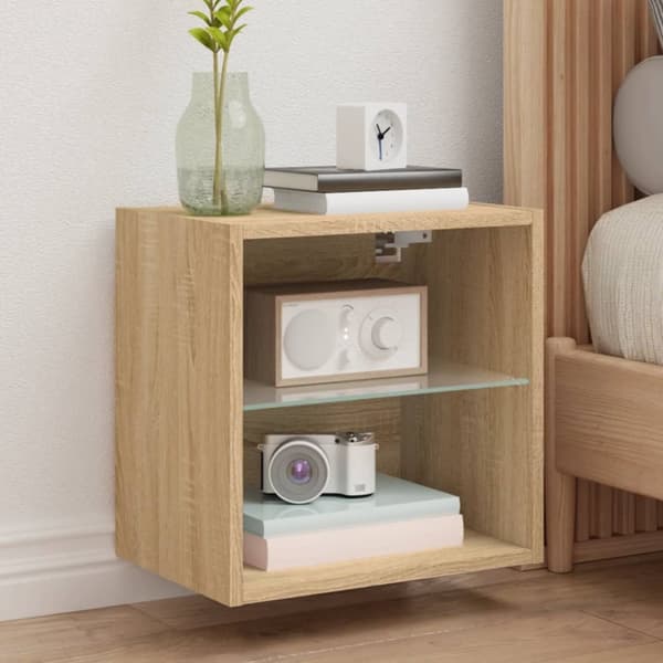 The Living Store Väggmonterade sängbord med LED-lampor 2 st sonoma-ek - TV-bänkar