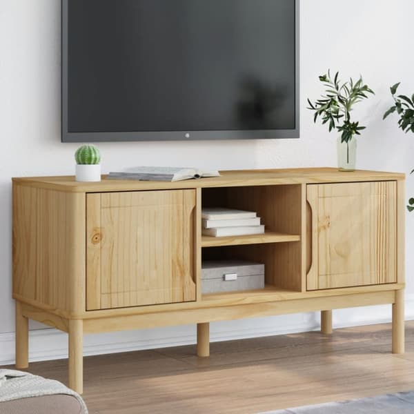 The Living Store tv-bord FLORO 114x43x55 cm massivt fyrretræ gyldenbrun -  TV-møbler