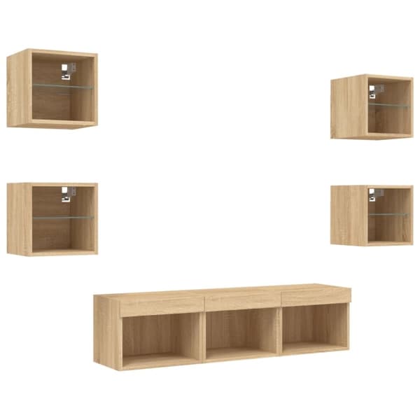The Living Store tv-møbel til væg 7 dele med LED-lys konstrueret træ sonoma-eg -  TV-møbler