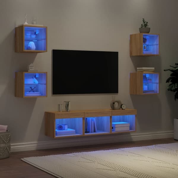 The Living Store tv-møbel til væg 7 dele med LED-lys konstrueret træ sonoma-eg -  TV-møbler