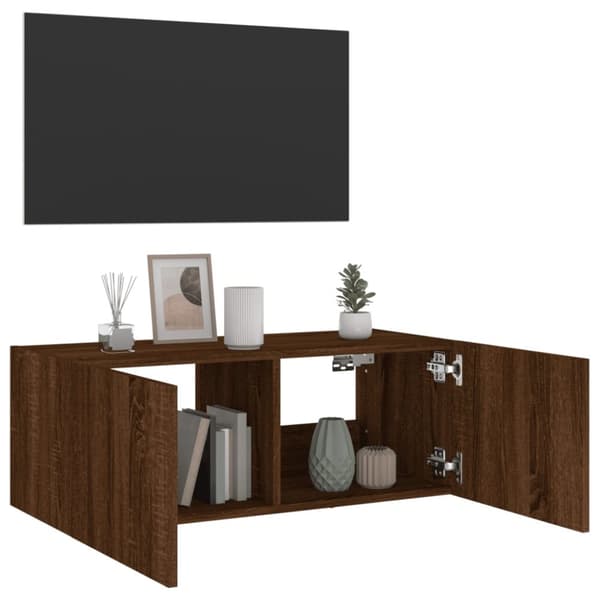 The Living Store væghængt tv-bord med LED-lys 80x35x31 cm brun egetræsfarve - TV-møbler