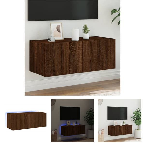 The Living Store væghængt tv-bord med LED-lys 80x35x31 cm brun egetræsfarve - TV-møbler
