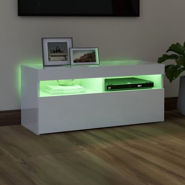 TV-bänkar - Living TV-bänk med LED-belysning vit högglans 90x35x40 cm