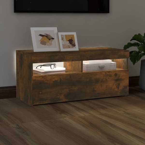 TV-bänkar - Living Tv-bänk med LED-belysning rökfärgad ek 90x35x40 cm