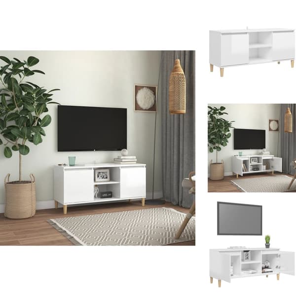 TV-møbler - Living tv-bord med massive træben 103,5x35x50 cm hvid højglans