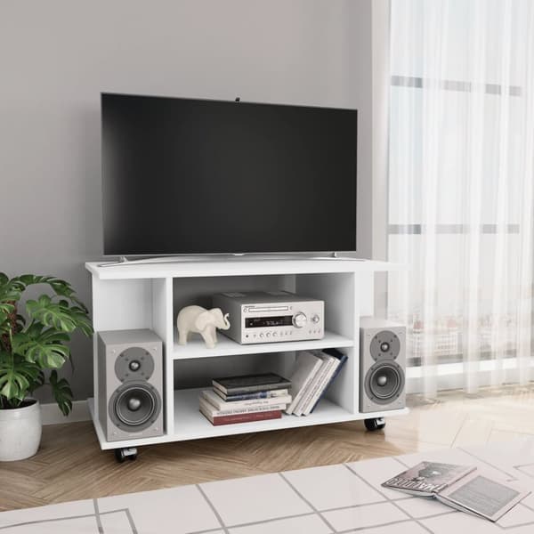 TV-taso rullapyörillä valkoinen 80x40x45 cm tekninen puu - TV-taso - TV-tasot - Home & Living