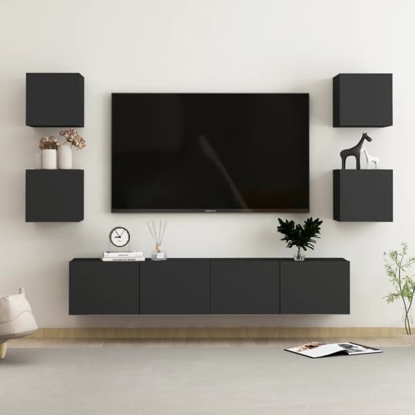 6-osainen TV-kaappisarja musta lastulevy - TV-kaappi - TV-kaapit - Home & Living