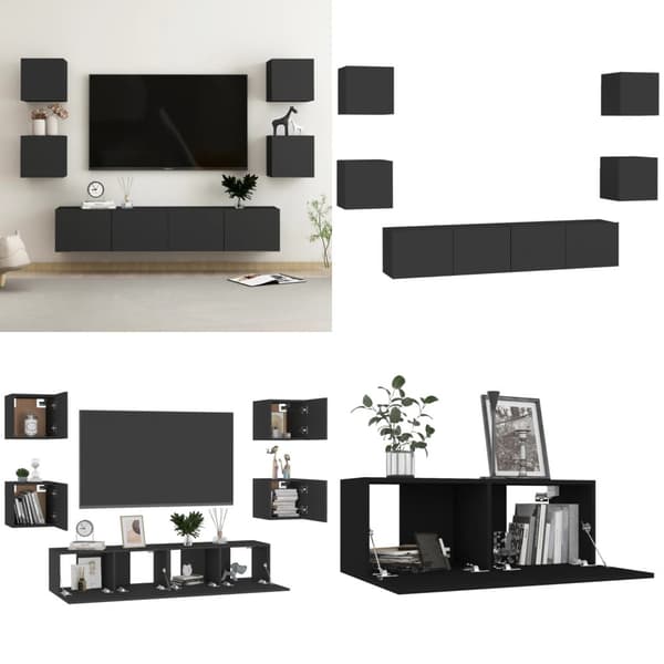 6-osainen TV-kaappisarja musta lastulevy - TV-kaappi - TV-kaapit - Home & Living