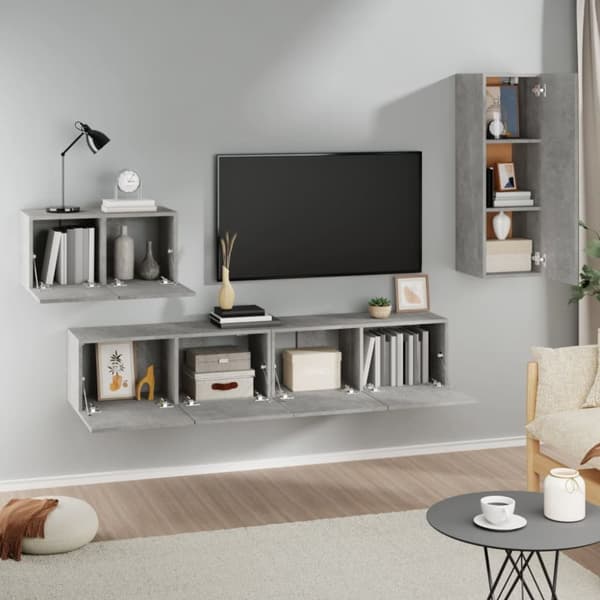 Tv-skabssæt 4 dele konstrueret træ betongrå - Tv-skab - Tv-skabe - Home & Living