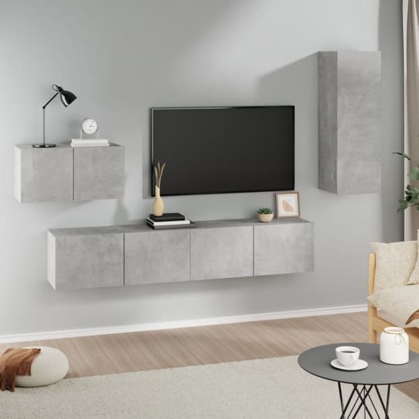 Tv-skabssæt 4 dele konstrueret træ betongrå - Tv-skab - Tv-skabe - Home & Living