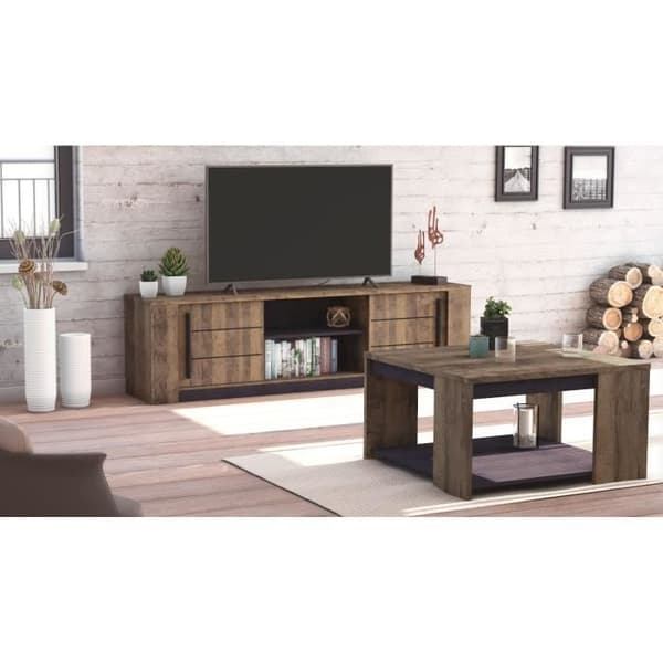 MONACO TV-skåp - 2 skjutdörrar + 3 hyllor - Ek och svart trädekor - L184,5 x D42,3 x H51,8 cm - DEMEYERE
