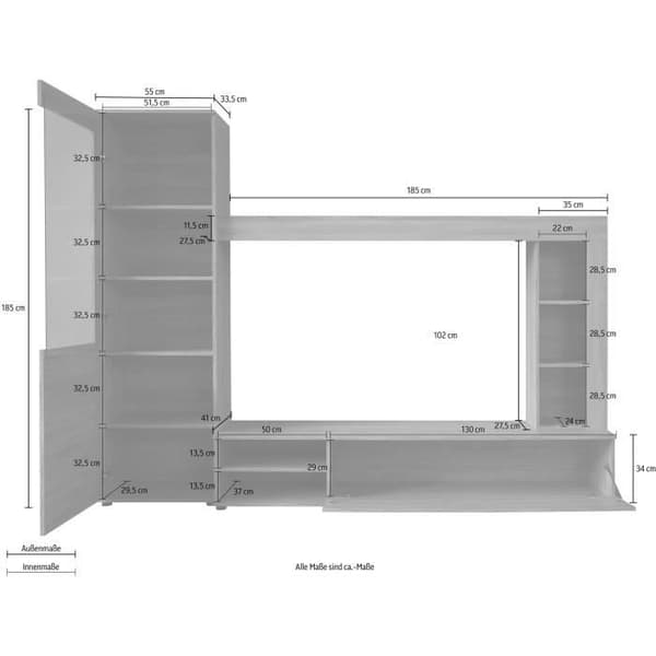 LOGO 3-delat TV-skåp - 1 dörr - LED - Ljus ek och matt vit melamin - L240 x D41 x H185 cm - TRENDTEAM