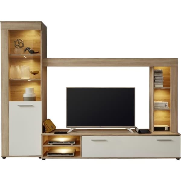 LOGO 3-delat TV-skåp - 1 dörr - LED - Ljus ek och matt vit melamin - L240 x D41 x H185 cm - TRENDTEAM