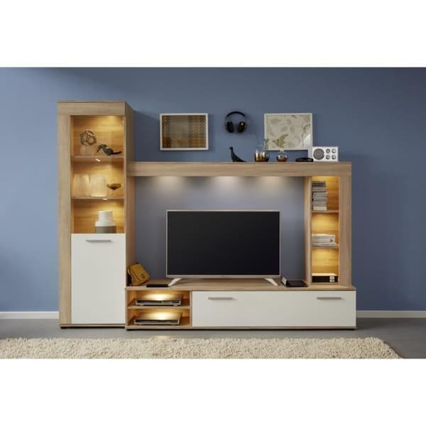 LOGO 3-delat TV-skåp - 1 dörr - LED - Ljus ek och matt vit melamin - L240 x D41 x H185 cm - TRENDTEAM
