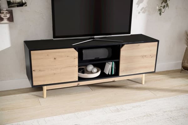 Rootz Lowboard TV Kaappi - TV lipasto - Viihdeyksikkö - Moderni musta tammi - Tilava säilytystila - Kaapelien hallinta - Lattian suojaus - 150cm x 40c