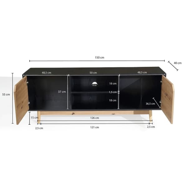 Rootz Lowboard TV Kaappi - TV lipasto - Viihdeyksikkö - Moderni musta tammi - Tilava säilytystila - Kaapelien hallinta - Lattian suojaus - 150cm x 40c