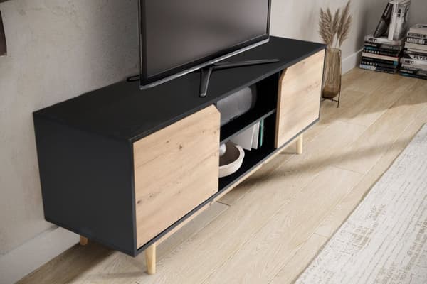 Rootz Lowboard TV Kaappi - TV lipasto - Viihdeyksikkö - Moderni musta tammi - Tilava säilytystila - Kaapelien hallinta - Lattian suojaus - 150cm x 40c